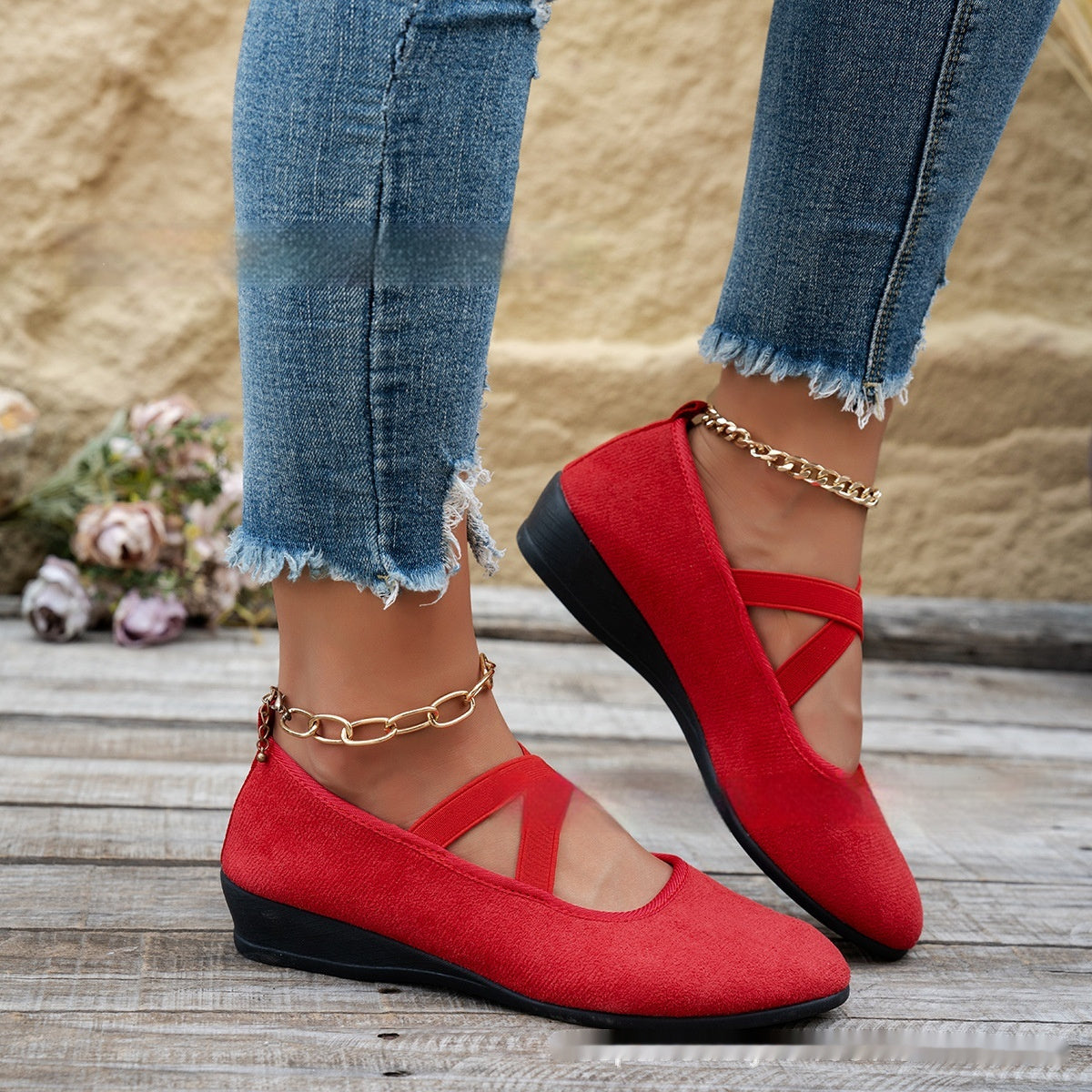 Women's Pointed Toe Wedges Shoes Fashion Cross-straped Flats Casual Pumps