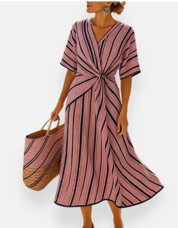 Summer Striped Print Dress Casual Beach Vacation Short-sleeved Maxi Dress Womens Clothing