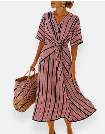 Summer Striped Print Dress Casual Beach Vacation Short-sleeved Maxi Dress Womens Clothing