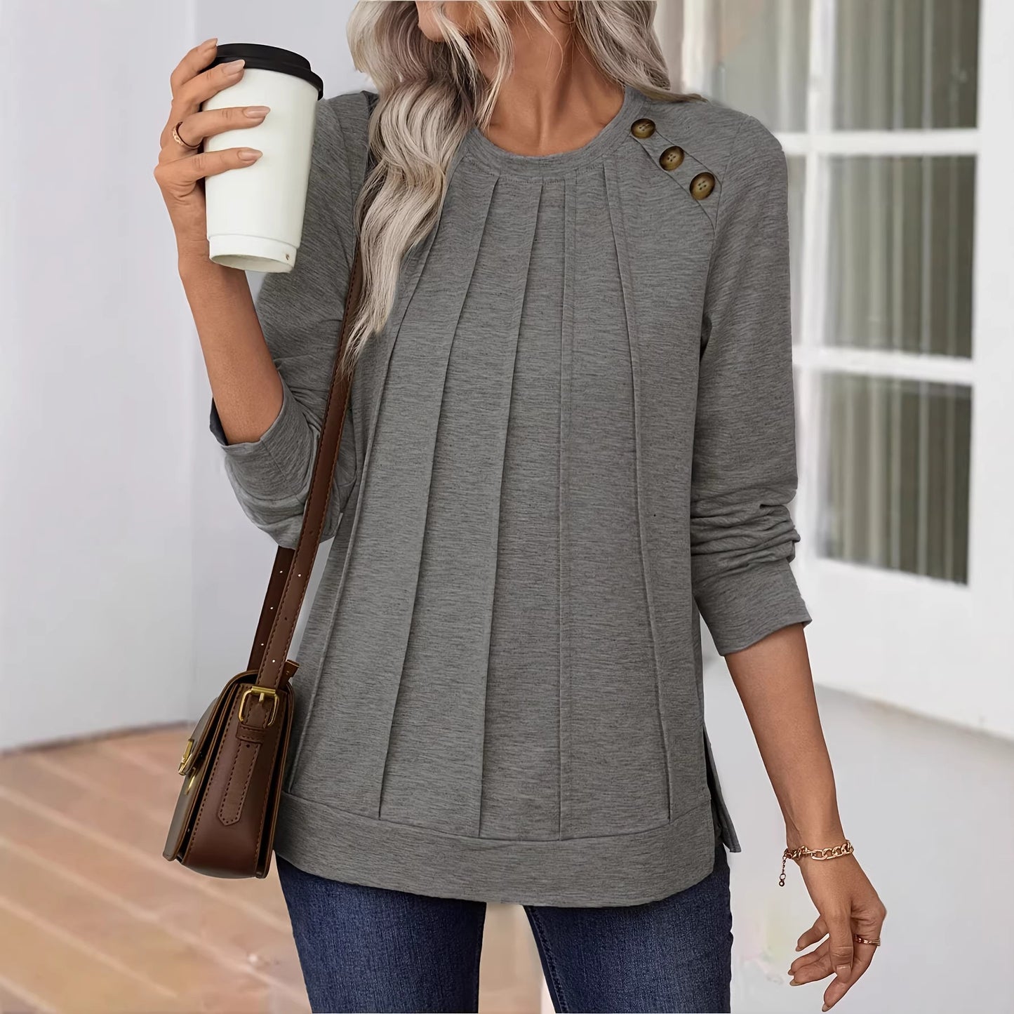 Women Loose Casual Long Sleeve Crewneck Knitted Sweatshirt, Comfortable For Autumn
