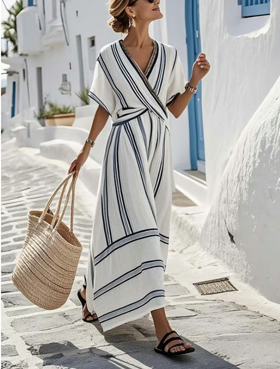 Boho Striped Maxi Dress for Women – Casual Loose V-Neck Short Sleeve Summer Beach Holiday Dress