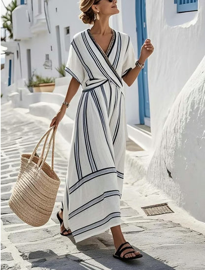 Boho Striped Maxi Dress for Women – Casual Loose V-Neck Short Sleeve Summer Beach Holiday Dress