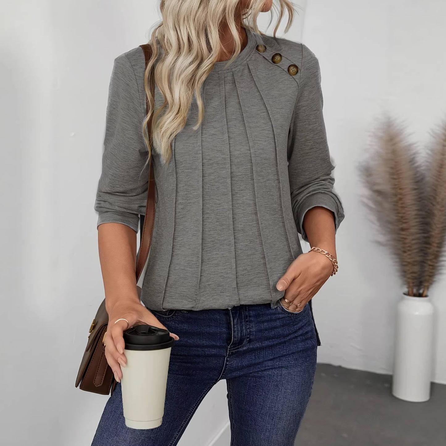 Women Loose Casual Long Sleeve Crewneck Knitted Sweatshirt, Comfortable For Autumn