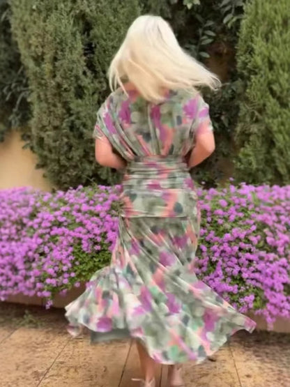 Chiffon Short-sleeved Dress Summer Fashion Print V-neck Long Dress, Women's Clothing