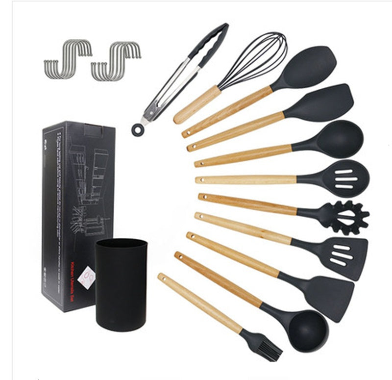 12pcs Silicone Cooking Utensils Set With Wood Handle And Storage Bucket