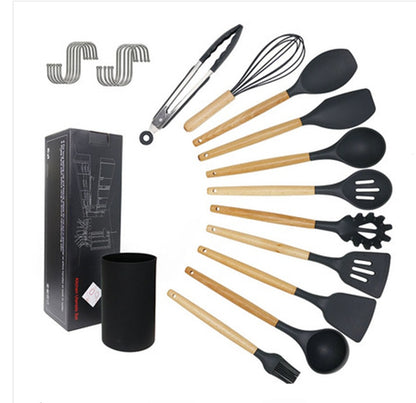 12pcs Silicone Cooking Utensils Set With Wood Handle And Storage Bucket
