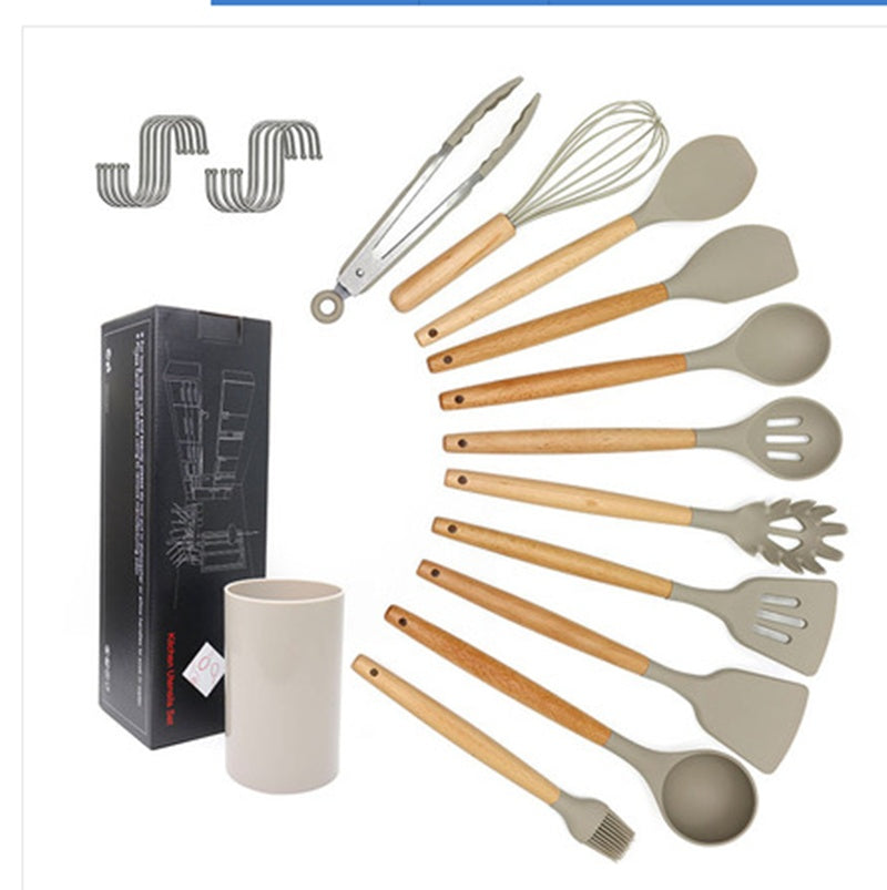 12pcs Silicone Cooking Utensils Set With Wood Handle And Storage Bucket