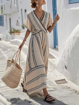 Boho Striped Maxi Dress for Women – Casual Loose V-Neck Short Sleeve Summer Beach Holiday Dress