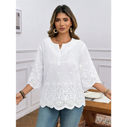 Elegant Commute Embroidered Flared-Sleeve Lace Top Chiffon Blouse