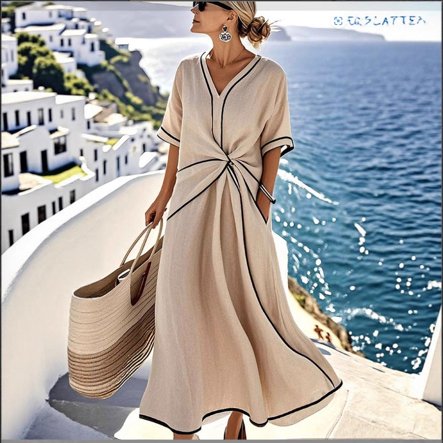 Summer Striped Print Dress Casual Beach Vacation Short-sleeved Maxi Dress Womens Clothing