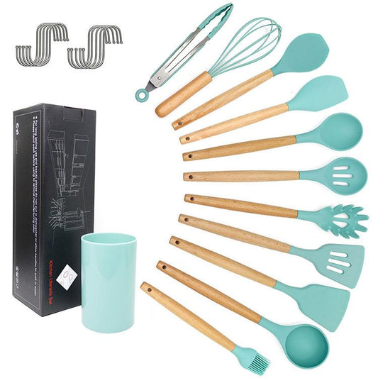 12pcs Silicone Cooking Utensils Set With Wood Handle And Storage Bucket