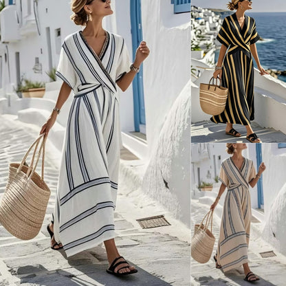 Boho Striped Maxi Dress for Women – Casual Loose V-Neck Short Sleeve Summer Beach Holiday Dress