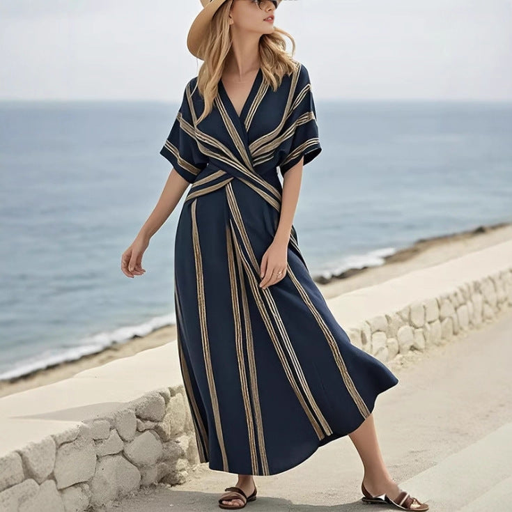 Boho Striped Maxi Dress for Women – Casual Loose V-Neck Short Sleeve Summer Beach Holiday Dress