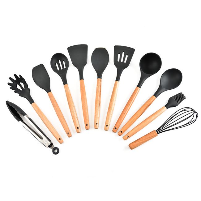12pcs Silicone Cooking Utensils Set With Wood Handle And Storage Bucket