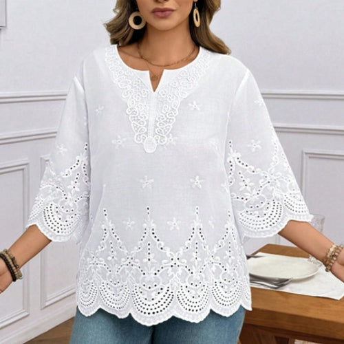 Elegant Commute Embroidered Flared-Sleeve Lace Top Chiffon Blouse