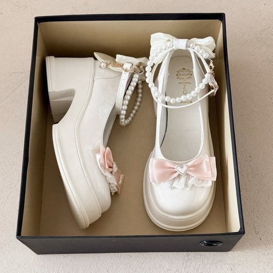 Sweet Pearl Bow Platform Mary Janes 2026 New Lolita Style Chunky Heel Pumps