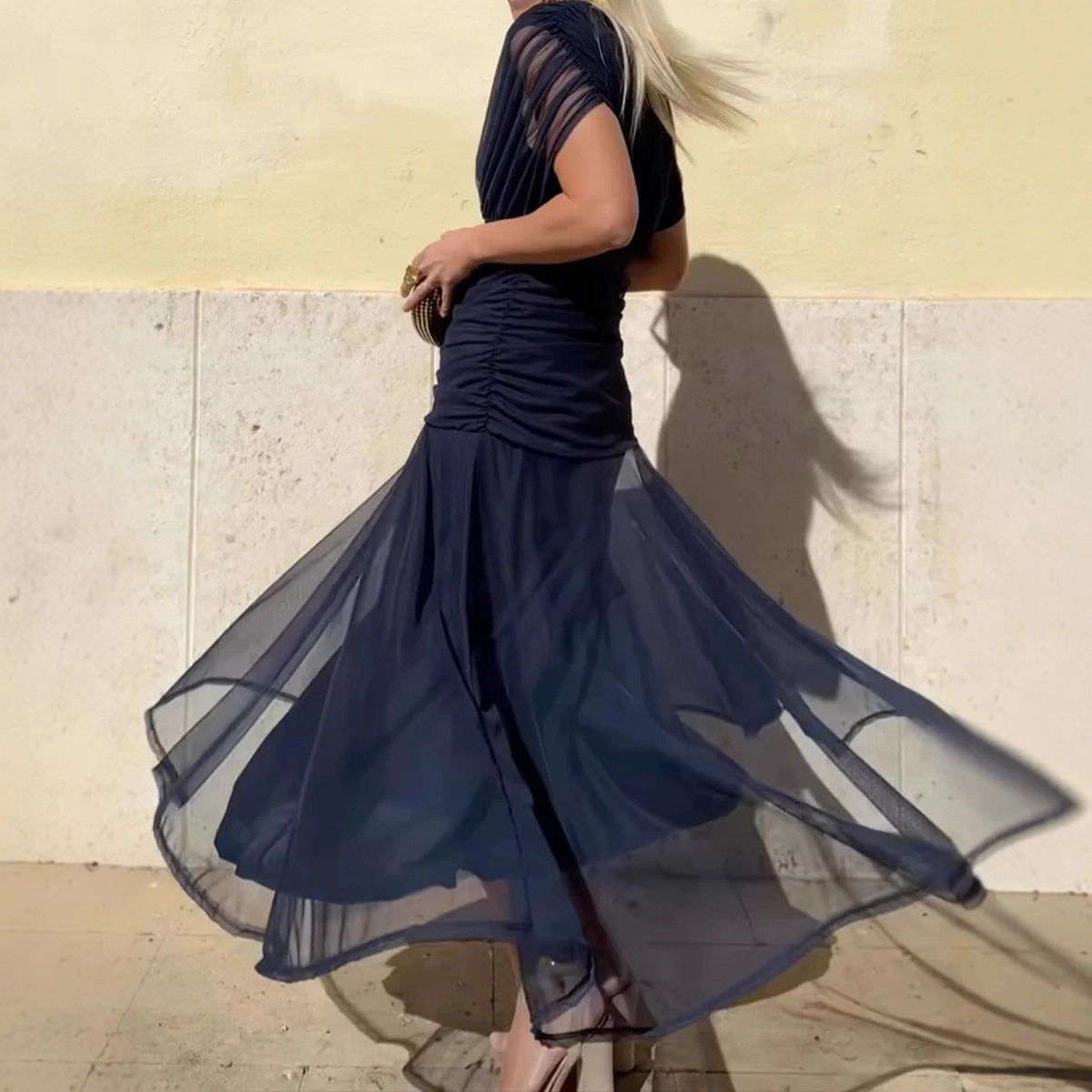 Chiffon Short-sleeved Dress Summer Fashion Print V-neck Long Dress, Women's Clothing