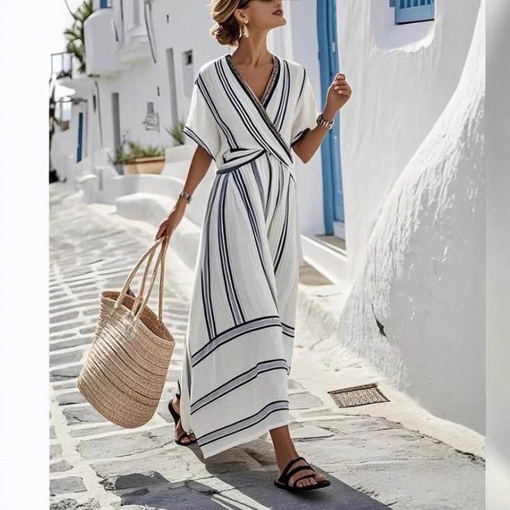 Boho Striped Maxi Dress for Women – Casual Loose V-Neck Short Sleeve Summer Beach Holiday Dress