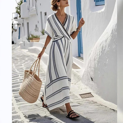 Boho Striped Maxi Dress for Women – Casual Loose V-Neck Short Sleeve Summer Beach Holiday Dress