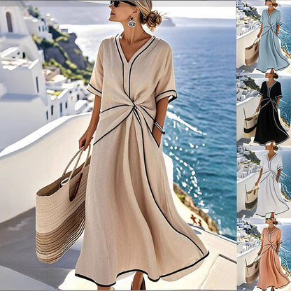 Summer Striped Print Dress Casual Beach Vacation Short-sleeved Maxi Dress Womens Clothing