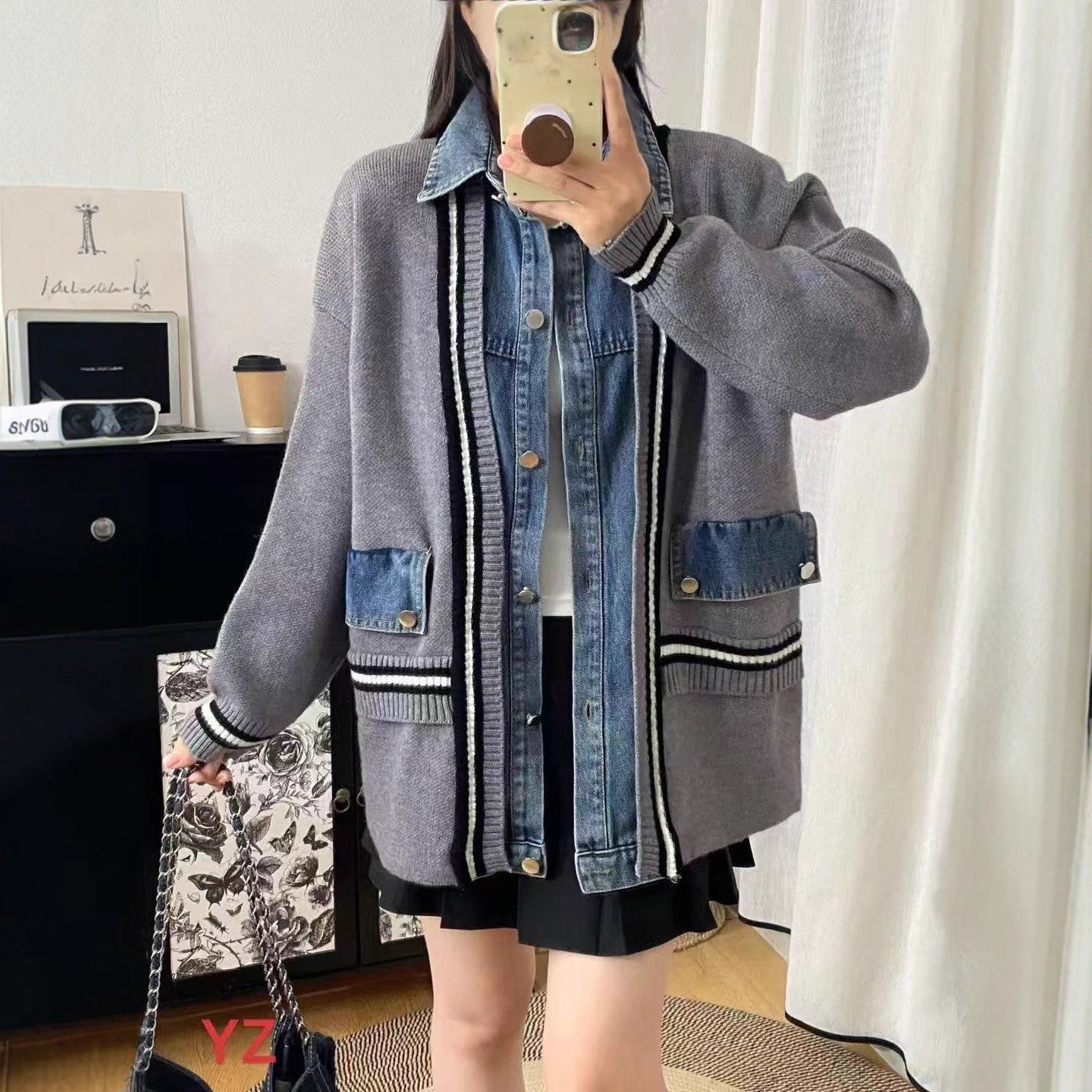 Women's Casual Loose Denim Patchwork Cardigan Coat