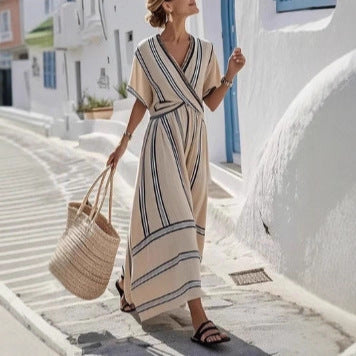 Boho Striped Maxi Dress for Women – Casual Loose V-Neck Short Sleeve Summer Beach Holiday Dress