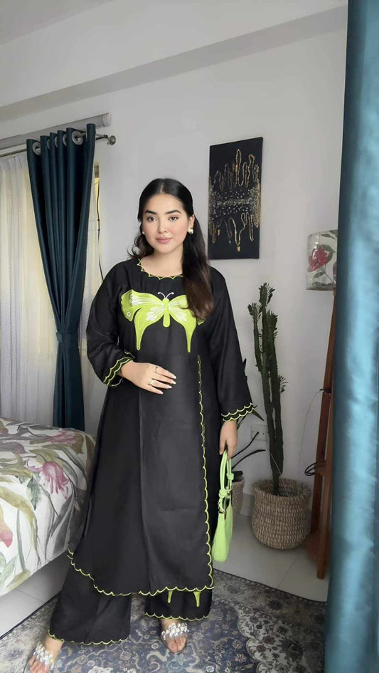 Butterfly Cotton 2pcs Dress- Black