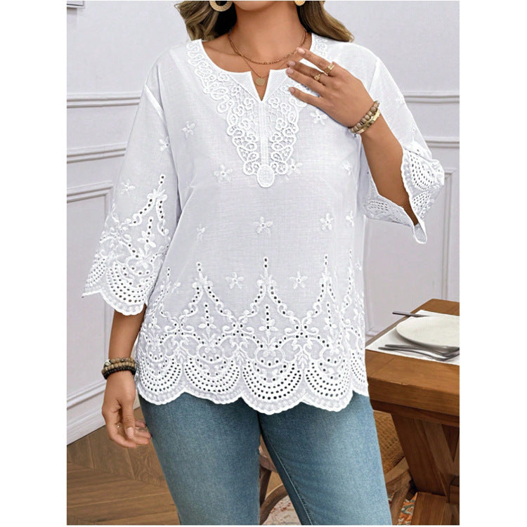 Elegant Commute Embroidered Flared-Sleeve Lace Top Chiffon Blouse