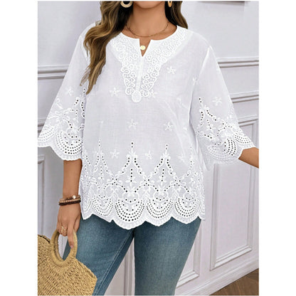 Elegant Commute Embroidered Flared-Sleeve Lace Top Chiffon Blouse