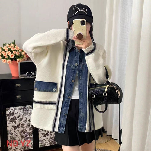 Women's Casual Loose Denim Patchwork Cardigan Coat