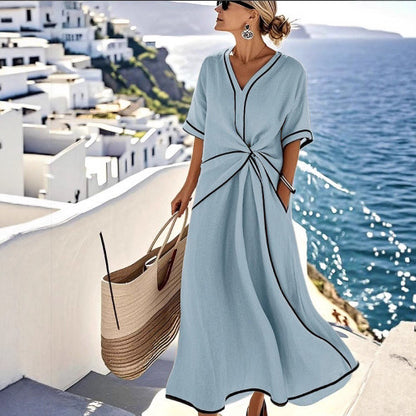 Summer Striped Print Dress Casual Beach Vacation Short-sleeved Maxi Dress Womens Clothing