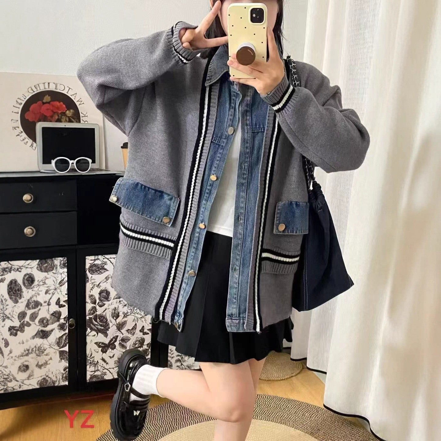 Women's Casual Loose Denim Patchwork Cardigan Coat