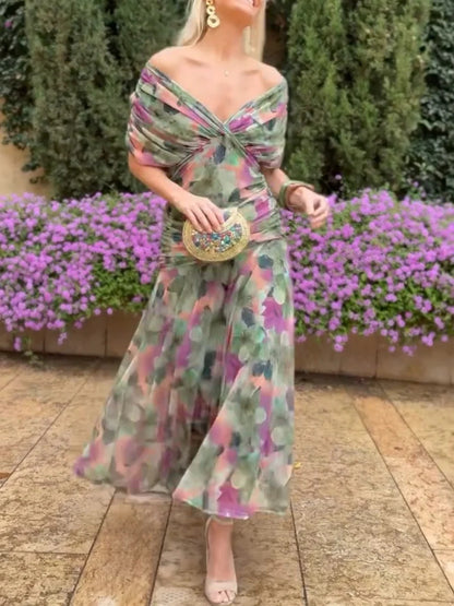 Chiffon Short-sleeved Dress Summer Fashion Print V-neck Long Dress, Women's Clothing