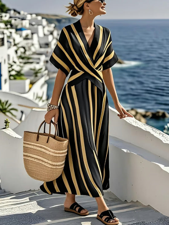 Boho Striped Maxi Dress for Women – Casual Loose V-Neck Short Sleeve Summer Beach Holiday Dress