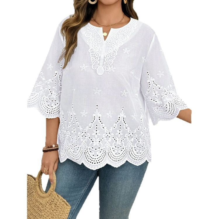Elegant Commute Embroidered Flared-Sleeve Lace Top Chiffon Blouse