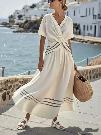 Boho Striped Maxi Dress for Women – Casual Loose V-Neck Short Sleeve Summer Beach Holiday Dress