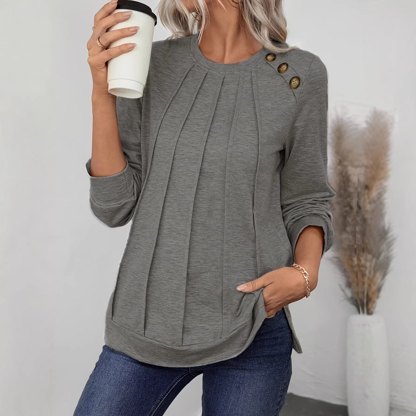 Women Loose Casual Long Sleeve Crewneck Knitted Sweatshirt, Comfortable For Autumn