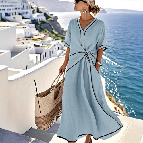 Summer Striped Print Dress Casual Beach Vacation Short-sleeved Maxi Dress Womens Clothing